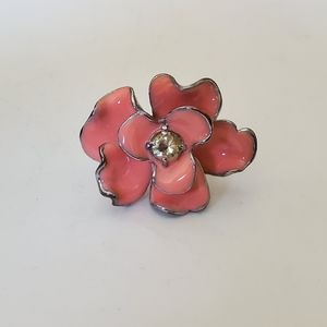 Peach Rose Enamel Size 8 Ring Yellow Rhinestone